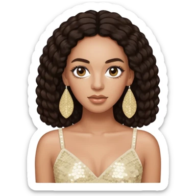 Solange with long dark brown hair, ivory sequin crop top, ivory earring sticker