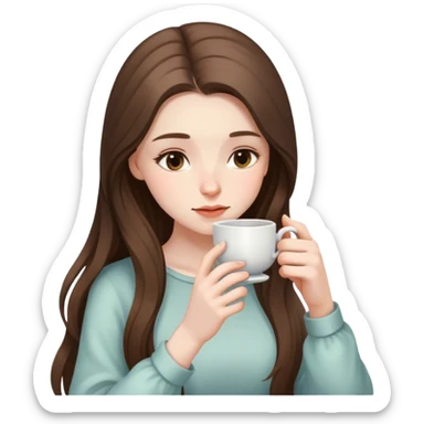 pale brunette girl with long hair looking down sipping tea sticker