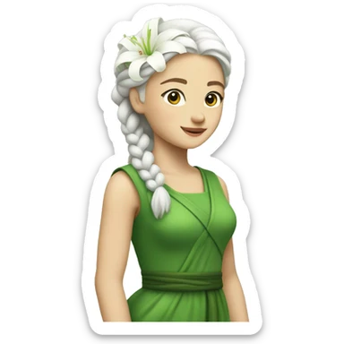 A white hair girl with a big braid and a white lily on the top left of the hair,a green dress made by lily leaves sticker