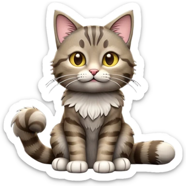 cinematic-[grey brown tabby cat]-realistic-full-body-sitting-emoji,-tail-curled-playfully-around-its-paws,-head-tilted-dramatically,-scruffy-[grey]-fur,-simplified-yet-realistic-focused-features,-highly-detailed,-glowing-with-an-almost-sarcastic-glow sticker