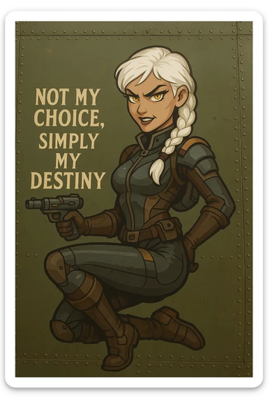 a retro military pinup fuselage decoration for the motto " not my choice, simply my destiny "
; female figure young and gorgeous, white hair 1 braid, gold yellow eyes, spacer, fierce, exo-rogue, menacing yet taunting sticker