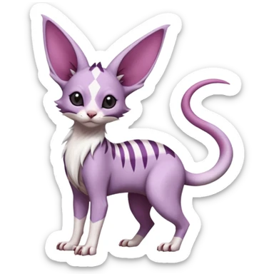 Furry, Purple, white, black, Minccino-Sphynx-Lykoi-Linoone-Zangoose-fusion-hybrid-animal-Fakémon-creature, full body, thin long sleek scaly tail, intricate markings sticker
