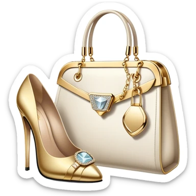 A photorealistic icon featuring luxurious fashion accessories like a high-end handbag, elegant high heels, a sparkling diamond necklace and a stylish pair of sunglasses. The design includes gold accents, purfume, and glamorous textures, fashion, and VIP luxury. Transparent background sticker