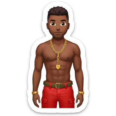 Ginuwine with dark brown hair, shirtless with necklace, latex red cargo pants sticker