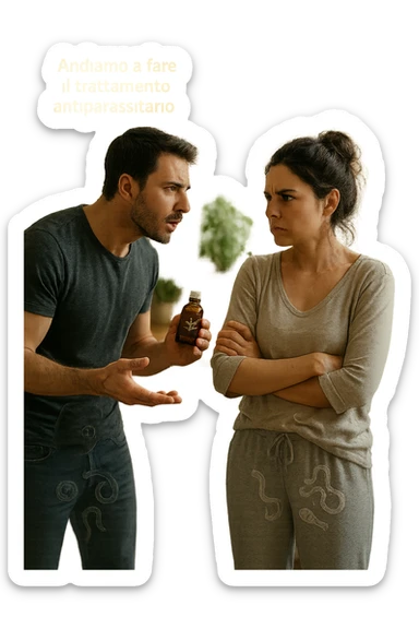 A highly realistic, cinematic photo of a young couple in their early 30s having an argument in a bright modern kitchen. The man, athletic build, wearing a casual T-shirt and jeans, is speaking firmly with a raised hand holding a small amber glass bottle labeled with a subtle herbal symbol, saying 'Andiamo a fare il trattamento antiparassitario' with a determined expression. The woman, with long dark hair tied in a messy bun, casual home outfit, crosses her arms with an angry, defensive expression, replying 'Ti ho detto di no! Io non ci credo!' while slightly turning away. Tension is visible in their body language, with the man leaning forward trying to explain and the woman leaning back, her eyebrows furrowed. Around them, subtle ghostly overlays of microscopic parasites are faintly visible near their abdominal areas, symbolizing the hidden reason for the argument. The kitchen is bright and modern with plants and natural light, contrasting the emotional tension. The style is hyperrealistic with warm tones and shallow depth of field focusing on their facial expressions, illustrating the conflict between belief in natural treatments and skepticism within the couple regarding hidden parasitic infections. in italiano sticker
