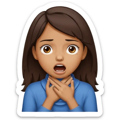 girl with tan skin and dark brown hair with two hands on her neck (overlapping) choking with mouth open and eyes crazy sticker