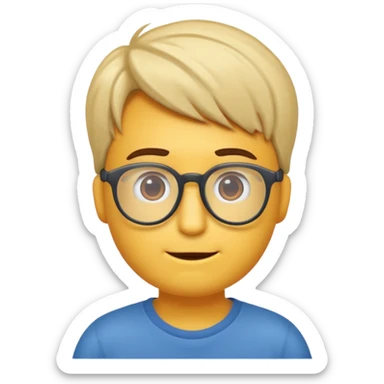 Erstell mir ein emoji von einer gut aussehenden Person. Diese sollte Männlich, ohne Bart mit Brille, guter Frisur und jung sein. Er soll sehr intelligent wirken, noch dazu sollte man sein T-shirt oder Hoodie sehen. sticker