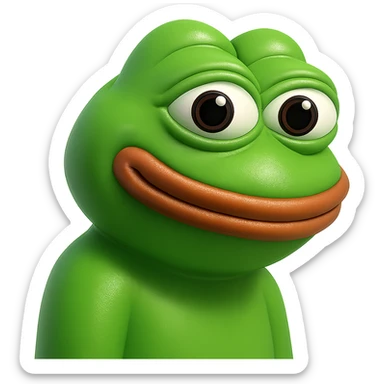 pepe in
- 3d style
- bright green
- smiling
- looking straight at the camera
- good highlights and shadows
- 30deg angled towards the right sticker