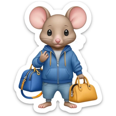 A fashionable mouse in wide jeans and a zip hoodie with a Balenciaga bag sticker