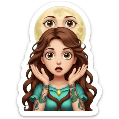 shocked forest mystic woman long wavy brown hair tattoos wide eyes moon glow sticker