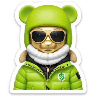 authentic cubic bearbrick figure with block head, wearing lime green balaclava with integrated black visor lens at eye area, oversized Supreme logo puffer jacket with large fur collar and fur trim, gold chains sticker