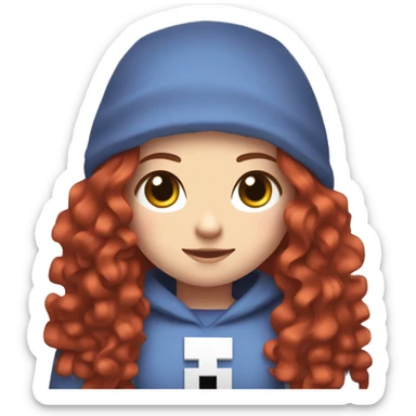 a white girl with long red curly hair, wearing periwinkle Minecraft hoodie holding a controller sticker