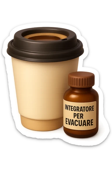 EMOJI STILE IPHONE 3D DI un caffè e di una boccetta di integratore con la scritta "INTEGRATORE PER EVACUARE" SULL'ETICHETTA, iperrealistico 4k sticker