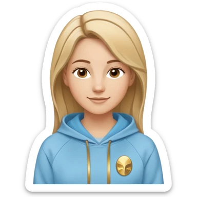 Caucasian female with oval face, straight brown-blonde mixed hair (more brown) with side part, serene smile, light blue sporty hoodie with gold and white fantasy details sticker