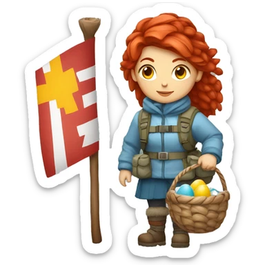 female winter mountaineer red hair with red Easter egg basket and Greek flag sticker