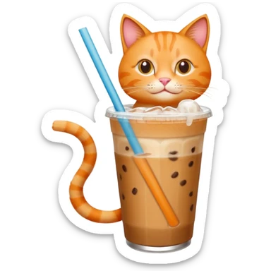 Gato naranja tomando café frio con un popote tomando el popote con sus patitas sticker