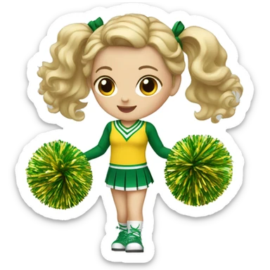 White girl Cheerleader cheering with green and yellow uniform and poms sticker