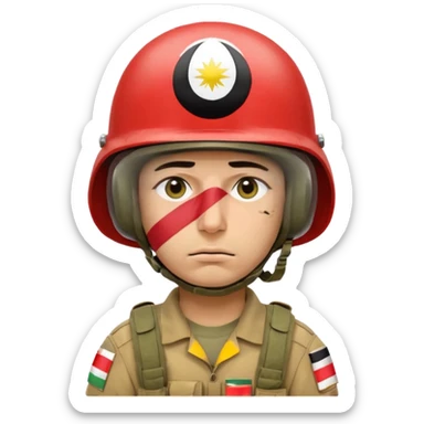 Tired Iraqi soldier wearing helmet with Iraqi flag, sad expression, half open eyes and bags under eyes, reflecting fatigue and pain sticker