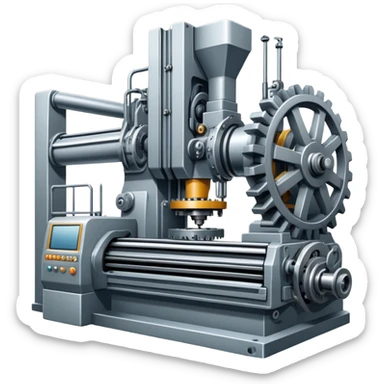 An icon featuring a giant machine tool in a factory, manufacturing machines. The design includes gears, mechanical parts, and a production line, representing the art of mechanical engineering and industrial design. Transparent background highlights precision engineering and manufacturing processes. sticker