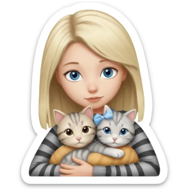 Blonde girl with blue eyes cuddling with light grey tabby cat with dark grey stripes sticker
