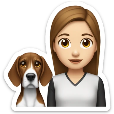 Girl with brown hair and a treeing walker coonhound who is black and white with little bown sticker