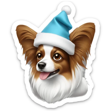 Papillon dog in white and brown wearing santa hat sticker