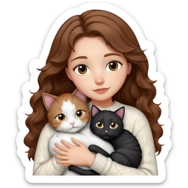 A pretty white girl with hazel brown eyes and brown wavy hair in a cosy white knit sweater, hugging a black and white cat sticker