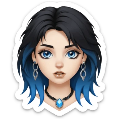 
 rockstar girl with black disheveled hair, blue eyes, Smokey eyes grunge makeup, ring on the side of the nose sticker