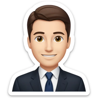 Caucasian man with slicked back brown hair, black suit, navy tie, elegant look standing  sticker