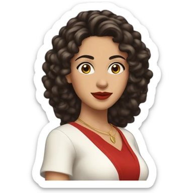 young moroccan woman with dark brown eyes, dark long curling hair, red lips, 2000's outfit sticker