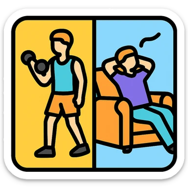 a picture devided into two parts, the first part shows a sportsman doing his workout, the second show a sportsman being lazy sticker