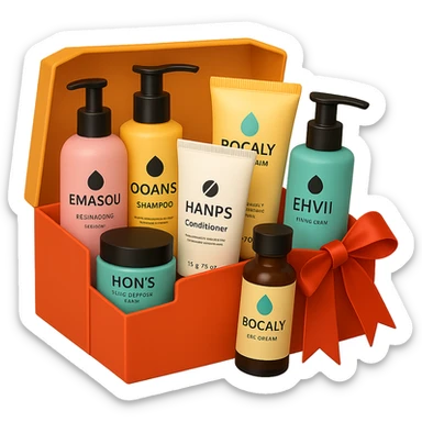 emoji of Gift box with beauty products (shampoo, creams, styling products), a gift box is beautyful open box full of luxury brand-labeled beauty products, with no background, different box shape sticker