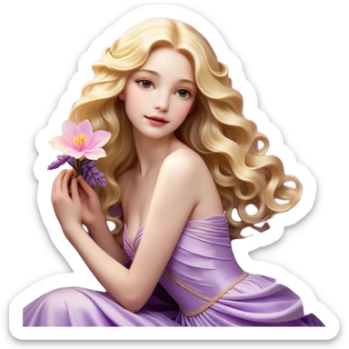 Cinematic Realistic Rapunzel Portrait, with porcelain-like skin featuring a subtle, natural glow, illuminated by soft lighting that brings out the gentle contours of her face. Her long, golden blonde hair cascades in detailed waves, each strand highlighted with a radiant shimmer as it catches the light. She playfully holds a flower in one hand, her other hand resting casually in her lap, with a warm and spirited expression. Her bright, expressive green eyes exude curiosity and warmth, framed by delicate lashes and soft, arched brows. She is dressed in her classic lavender and pink gown, the fabric textured with delicate folds that flow naturally, catching the light with a soft, radiant glow. The portrait captures a luminous, enchanting aura, seamlessly blending realism with a whimsical, fairytale charm, evoking a timeless sense of beauty and magic. sticker