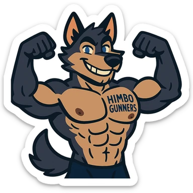 super buff and good-looking wolf furry, shirtless, with 'Himbo Gunners' tattoo on chest, flexing with both arms, charming smile, appealing features sticker