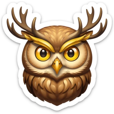 Emoji chouette perchée brun clair, yeux jaunes brillants,bois de cerf imposants sur la tête, sagesse et puissance. Avec majesté sticker