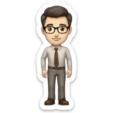 Pale skinned fit man with dark brown hair in gray jacket, beige office shirt, brown tie, brown pants and vintage glasses Writing on the flipchart sticker