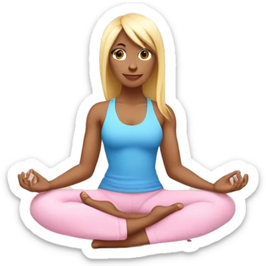 blonde with bangs and blue eyes yoga girl light pink clothes sitting on yoga mat sticker