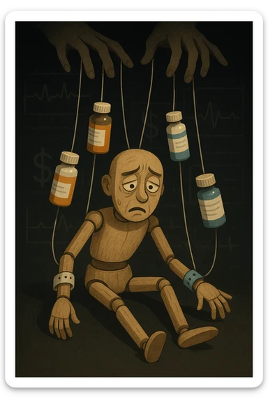 a marionette puppet with hospital bracelets and medication bottles as strings is controlled by unseen hands from above. The puppet’s face shows confusion and fatigue, representing the feeling of being managed by an invisible system. The background is dark, with faint images of medical charts and dollar signs. in italiano sticker