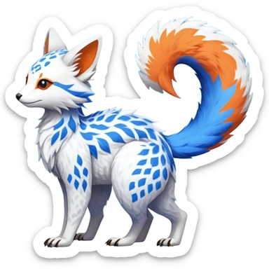 Rare realistic exotic white and neon-blue and neon-orange epic pretty beautiful handsome gorgeous aesthetic colorful vibrant Vernid-Trico-species-Fakemon-creature by LiLaiRa, 4 legs, 1 tail, random markings, (full body) tufted tail  sticker