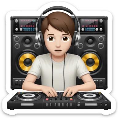 White skin dj mixing with dj booth, headphone on head, no cap, not bald, brown hair  sticker