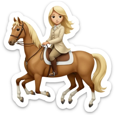 Tan girl with long blonde hair wearing a cream colored long sleeve shirt and riding pants on top of a brown horse with 4 legs sticker