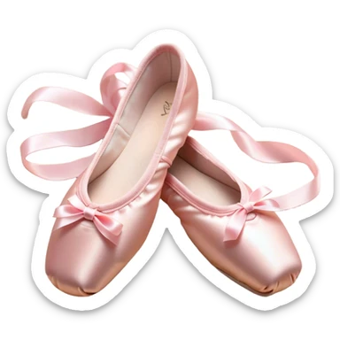 Cinematic Realistic Ballet Shoes, soft satin pink pointe shoes with delicate ribbons, resting gently on a polished wooden floor, subtle creases in the fabric, glowing under the warm golden light of a rehearsal studio, evoking elegance and grace. sticker