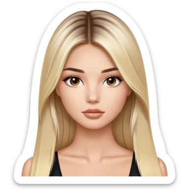 victoria’s secret model with long light blonde straight balayage hair, dark brown almond and small eyes, oval face, small lips sticker