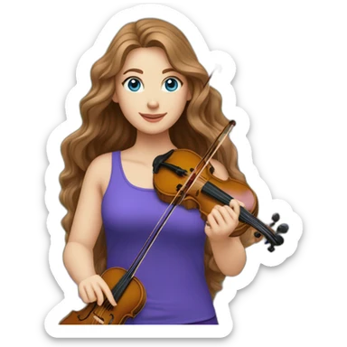 White female long brown wavy hair vivid blue eyes purple shirt holding a violin standing in a garden with laptop sticker