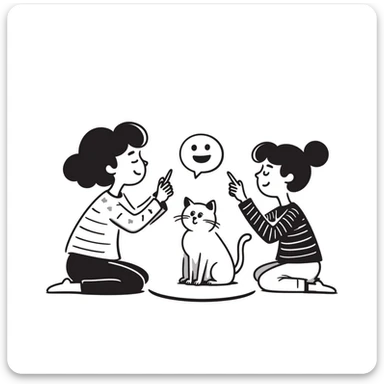 two girls and a cat drawing an emoji, hand-drawn doodle style sticker