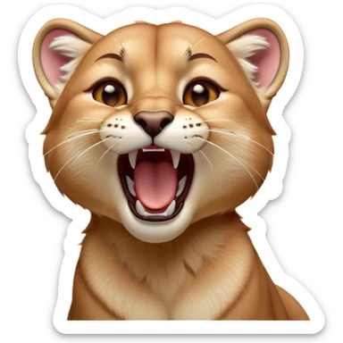 Cinematic Cute Yawning Cougar Portrait Emoji, Head tilted slightly with a dramatic, wide-open yawn, showcasing a soft, sleek tawny Fur with gently drooping ears, round amber eyes barely open in drowsy contentment, Simplified yet irresistibly adorable features, highly detailed, glowing with a soft, cozy glow, high shine, relaxed yet expressive, stylized with a touch of wild whimsy, bright and endearing, soft glowing outline, capturing the essence of a sleepy yet affectionate cougar, so drowsy it feels like it could stretch out of the screen and curl up for a nap! sticker