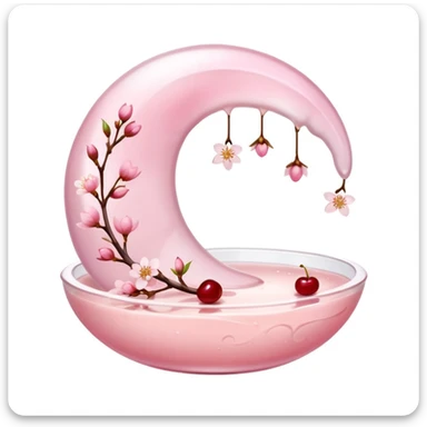 sakura pudding shaped like a crescent moon with cherry blossom garnish sticker
