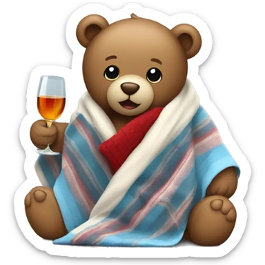 a Christmas teddy happy bear wrapped in a blanket drinks wine sticker