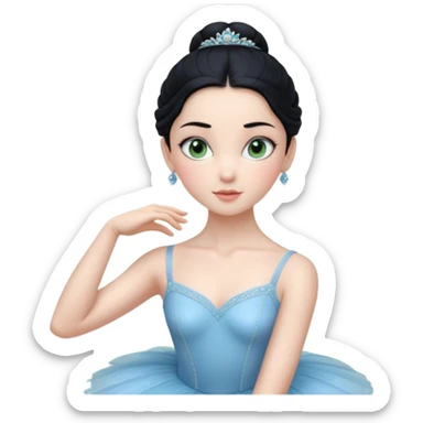 Cinematic Realistic ballerina Medium Blue Portrait, depicted with lifelike skin texture, subtle rosy undertones, and soft natural lighting that enhances the gentle contours of her face. Her intricately detailed sweet black hair is elegantly styled, green eyes sticker