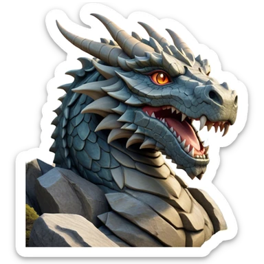 Cinematic Noble Giant Rock Dragon Portrait Emoji, Poised and awe-inspiring, with a massive, rugged form carved from ancient stone, featuring intricately textured scales that resemble weathered granite and basalt, and piercing, stony eyes echoing the strength of timeless mountains; rendered with lifelike detail and earthy natural highlights, high shine, formidable and grounded, styled with an aura of primordial majesty, focused and resolute, soft glowing outline, capturing the essence of an enduring rock titan ready to surge from the screen with ageless power! sticker